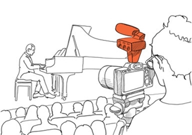 Illustration of concert setting, camera with mic setup
