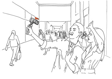 Illustration of outdoor mall setting, camera with mic setup