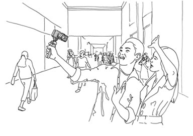 Illustration of outdoor mall setting, camera with no mic setup