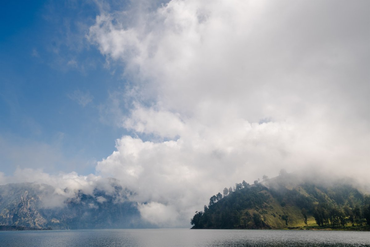 Low cloud over the crater lake of Mount Rinjani on the isle of Lombok